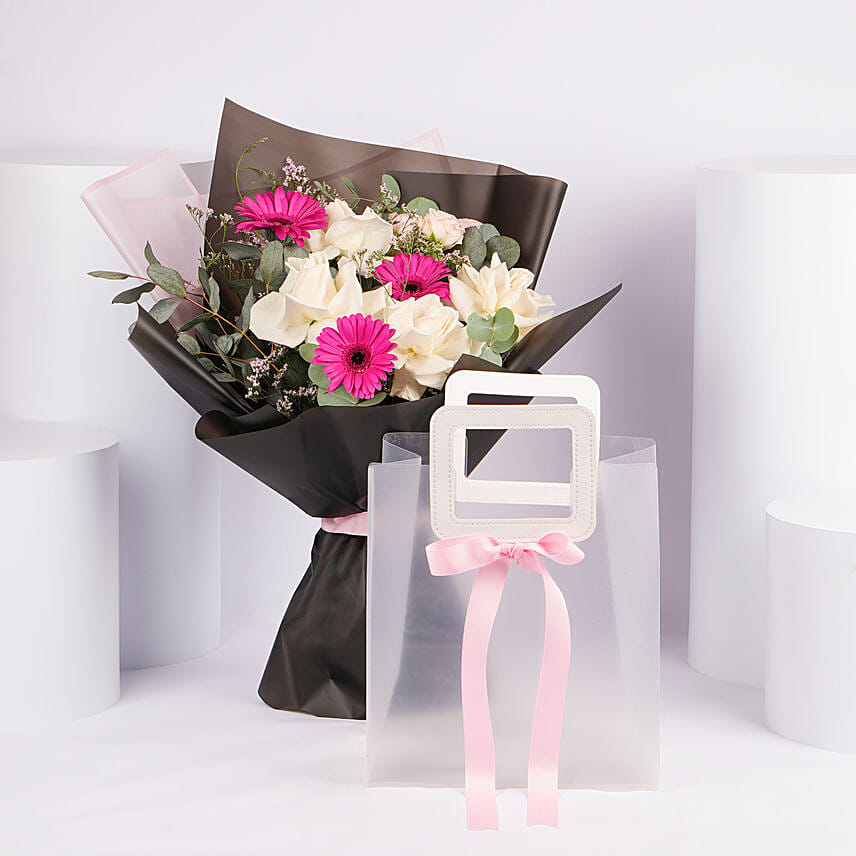 Blushing White Rose And Pink Gerbera Bouquet