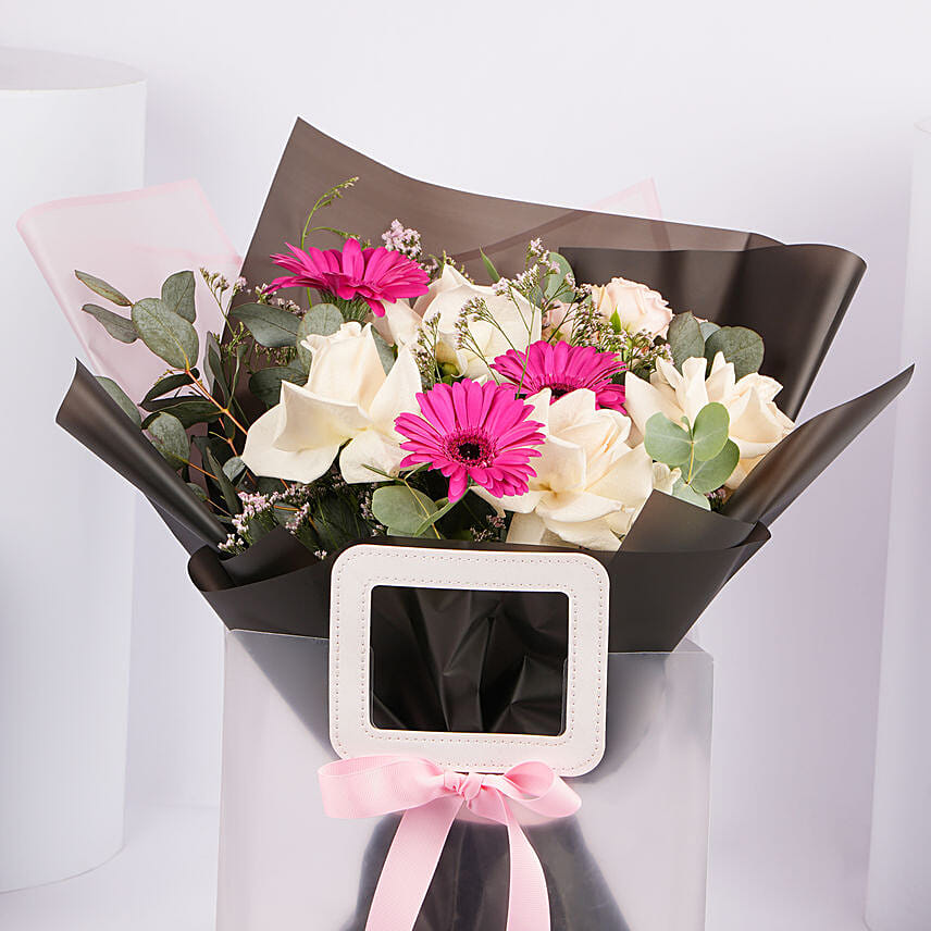 Blushing White Rose And Pink Gerbera Bouquet