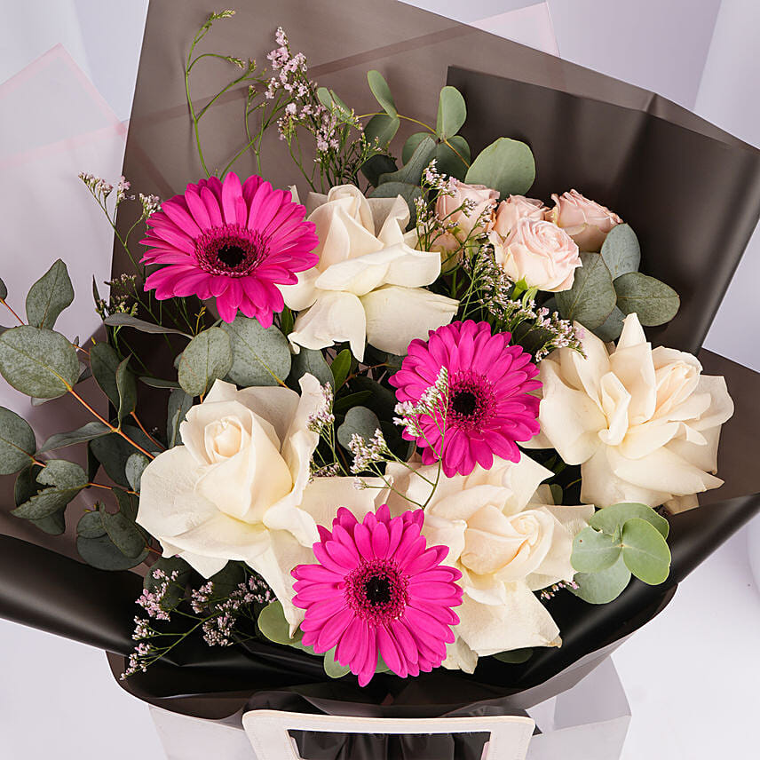 Blushing White Rose And Pink Gerbera Bouquet