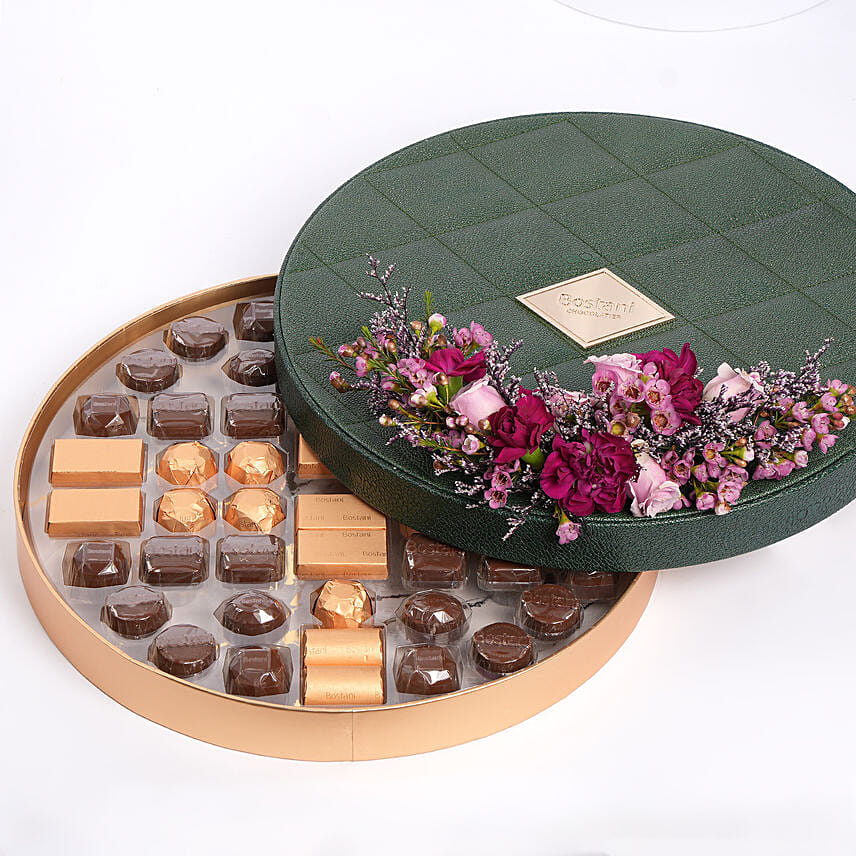 Bostani Leathered Big Chocolate Green Round Box with Flowers