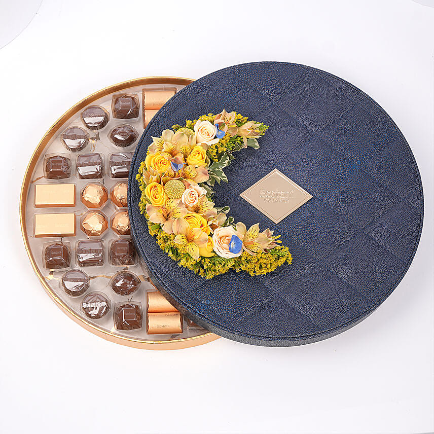 Bostani Leathered Luxury Chocolate Box And Flowers