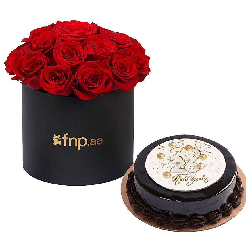Box of Red Roses with Royal Ganache New Year Cake