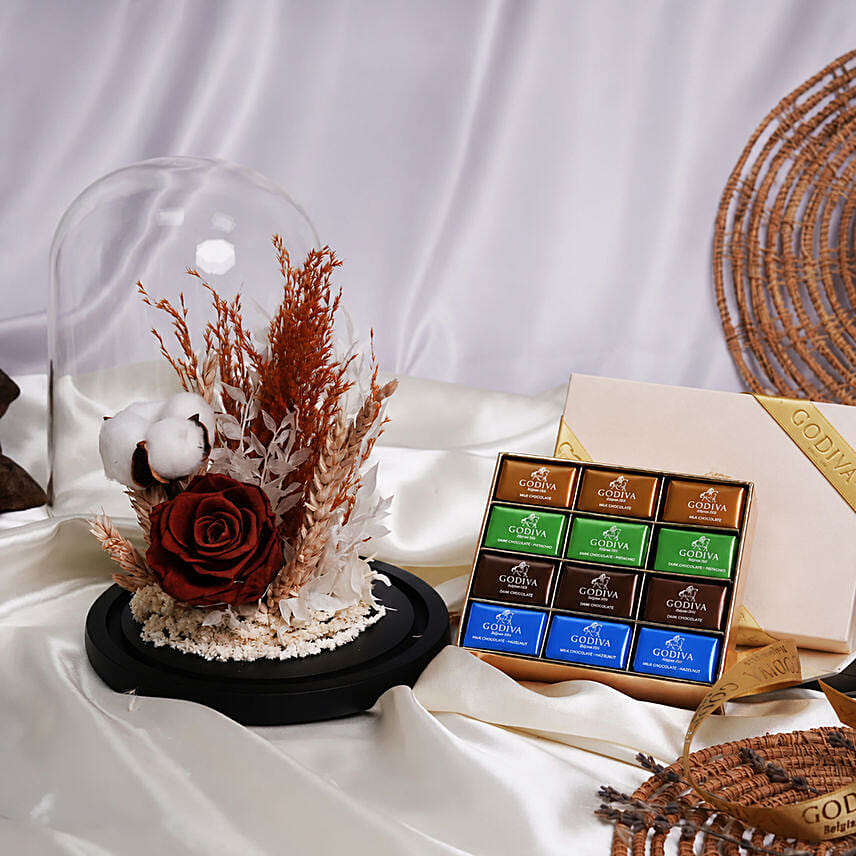 Brown Forever Rose with Godiva Naps Chocolate