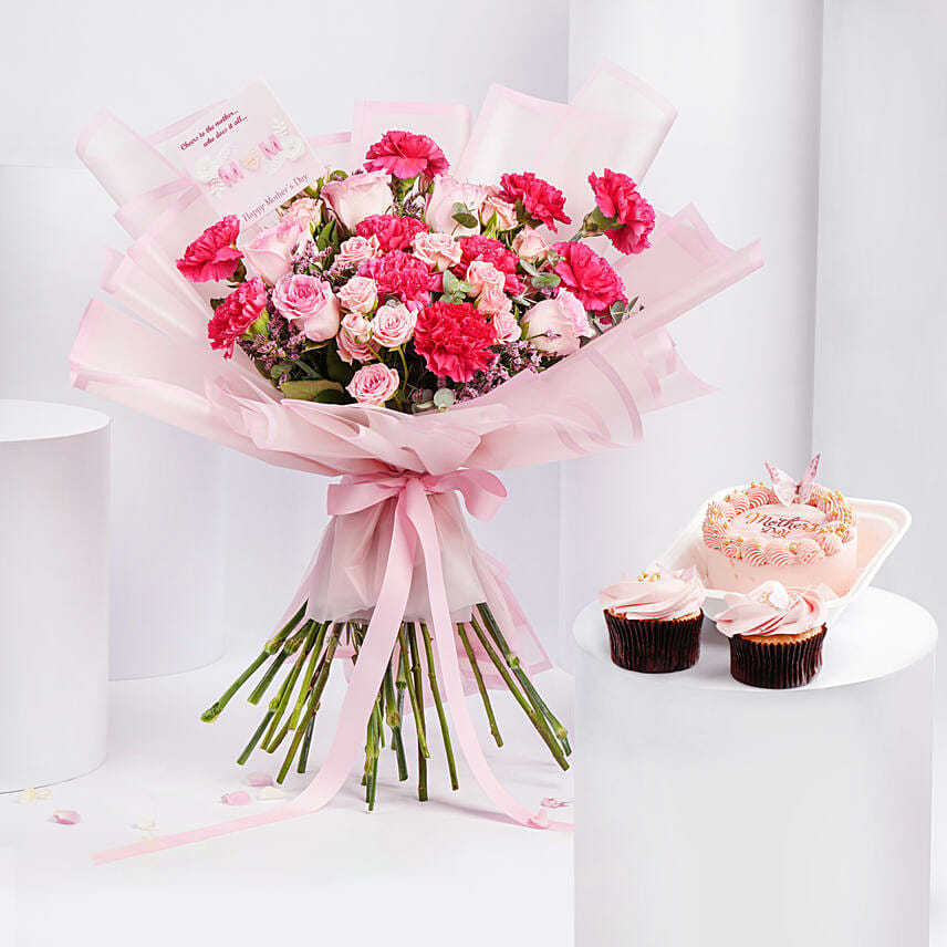 Carnations And Roses Bouquet And Cakes