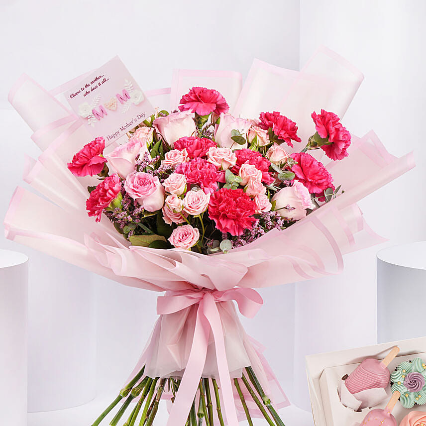 Carnations And Roses Bouquet And Treat Boxes