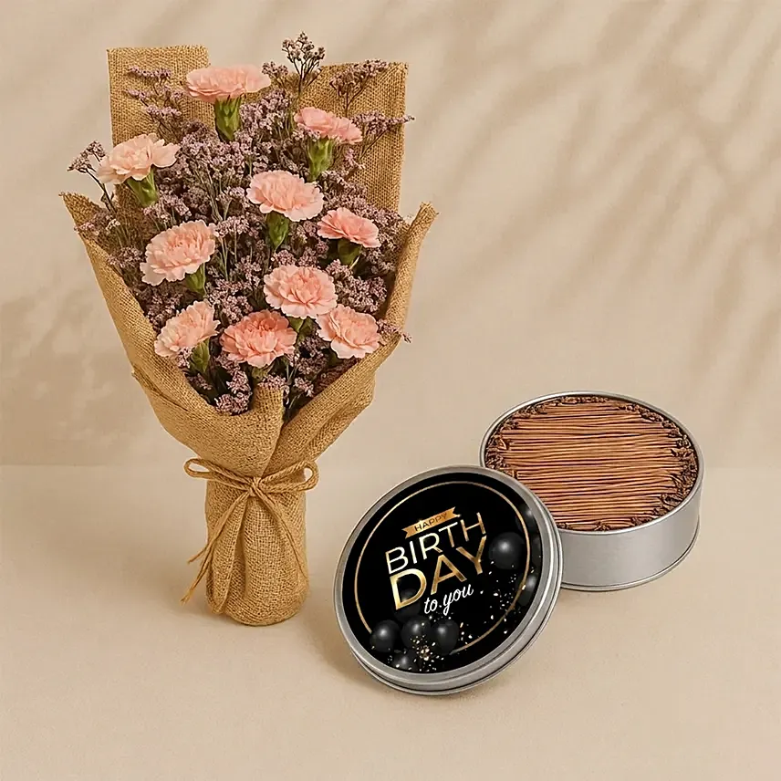 Charming Pink Carnations With Happy Birthday Cake In Tin Box