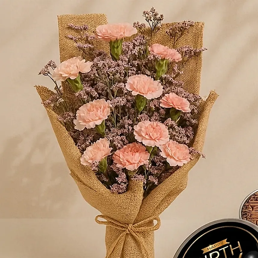 Charming Pink Carnations With Happy Birthday Cake In Tin Box