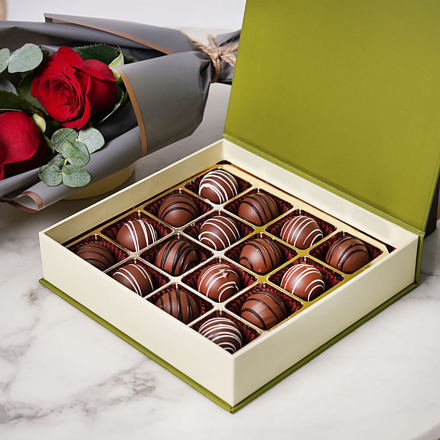 Chocolate Truffles and Bunch of 3 Red Roses