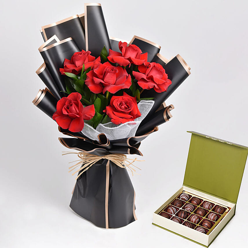 Chocolate Truffles and Bunch of 6 Red Roses