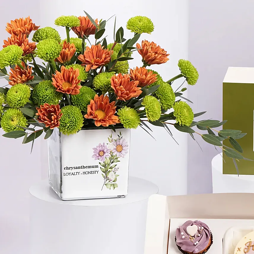 Chrysanthemum Birthday Flowers Vase With Bento Cake