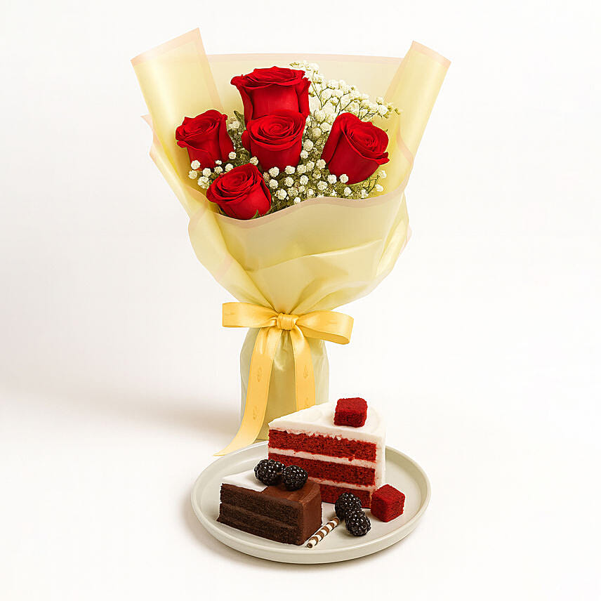 Classic Red Rose Bouquet with Red Velvet And Truffle Slice Combo