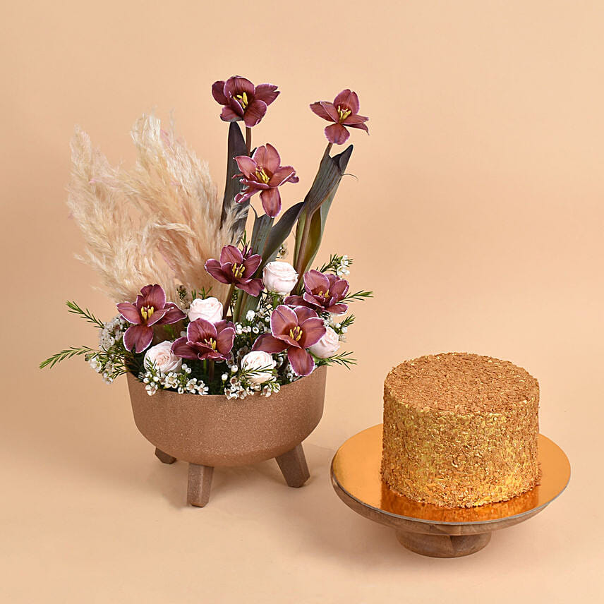 Coffee Tulips Arrangment With Gold Cake