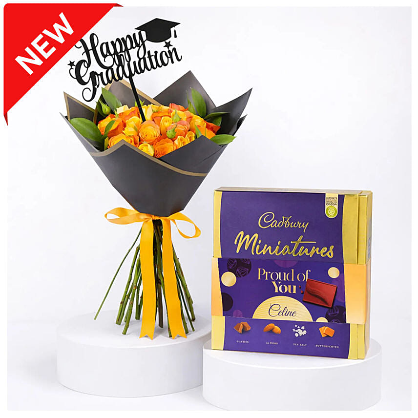 Colorful Roses Bouquet Graduation Day With Cadbury Chocolates 400g