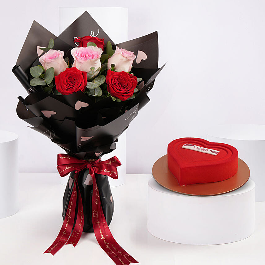 Crimson Rose Bouquet and Heart Cake Combo