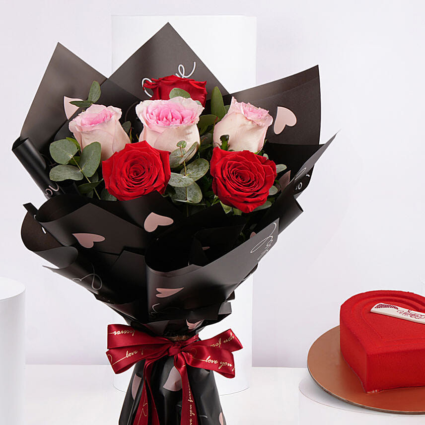 Crimson Rose Bouquet and Heart Cake Combo