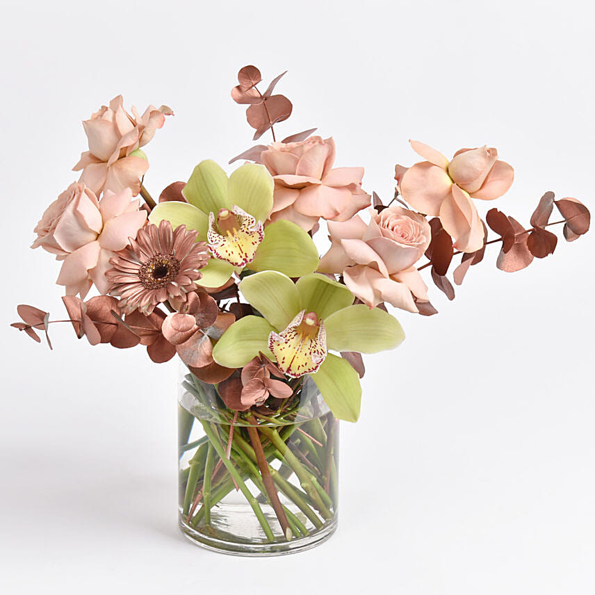 Cymbidium and Rose Flower Vase