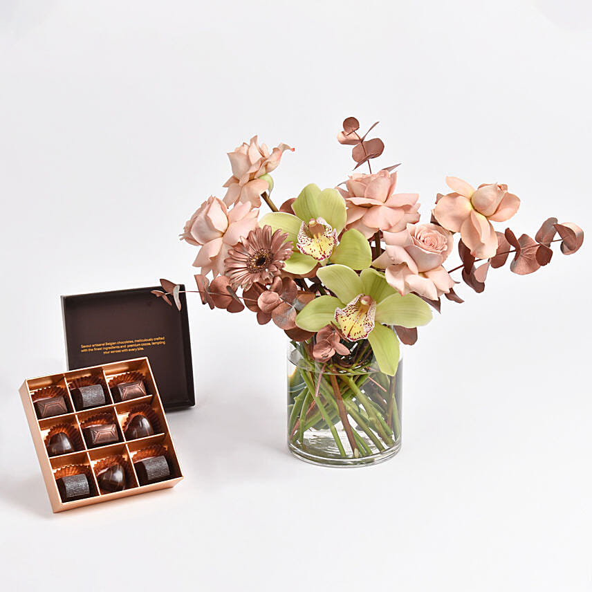 Cymbidium and Rose Flowers with Belgian Chocolates