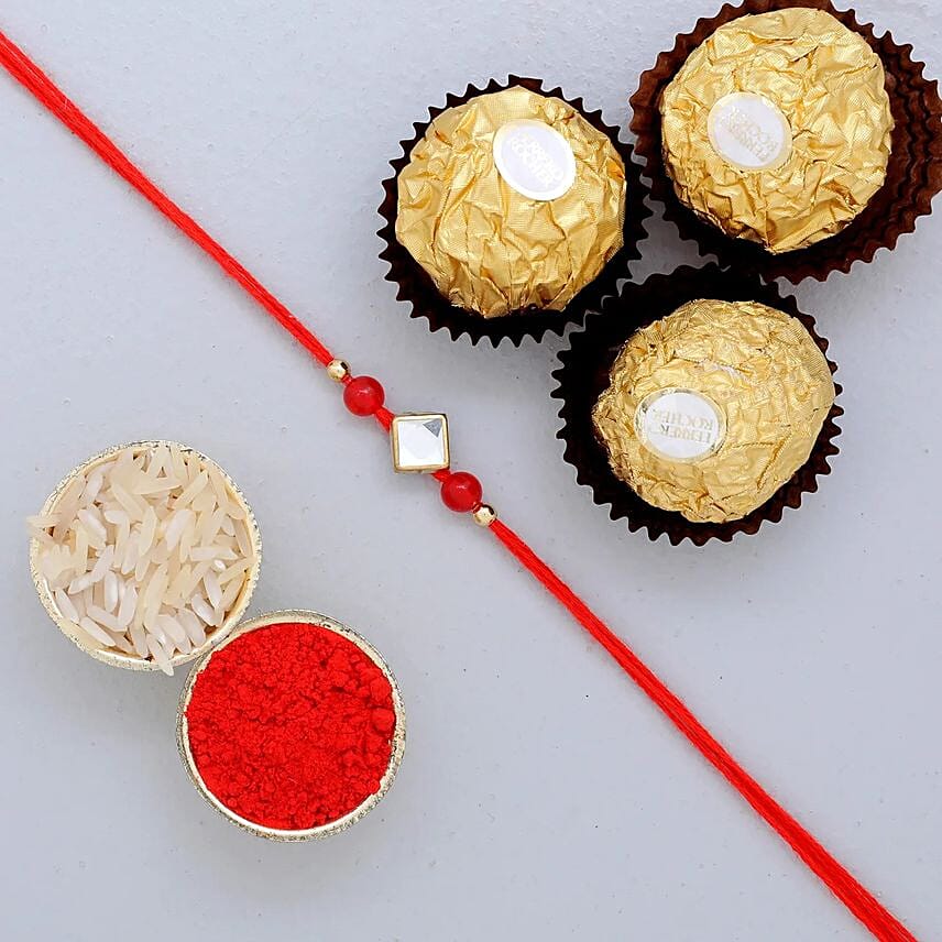Designer Round Rakhi And 3 Pcs Ferrero Rocher