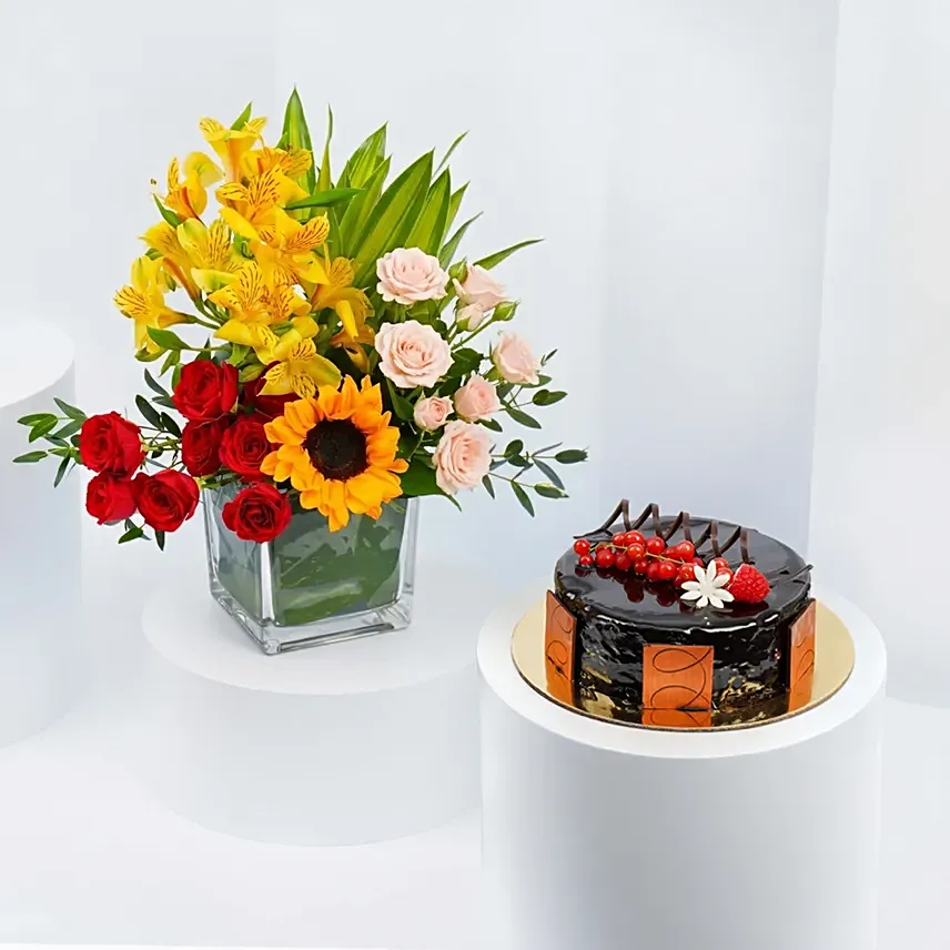 Eggless Chocolate Truffle Cake and Flowers Combo