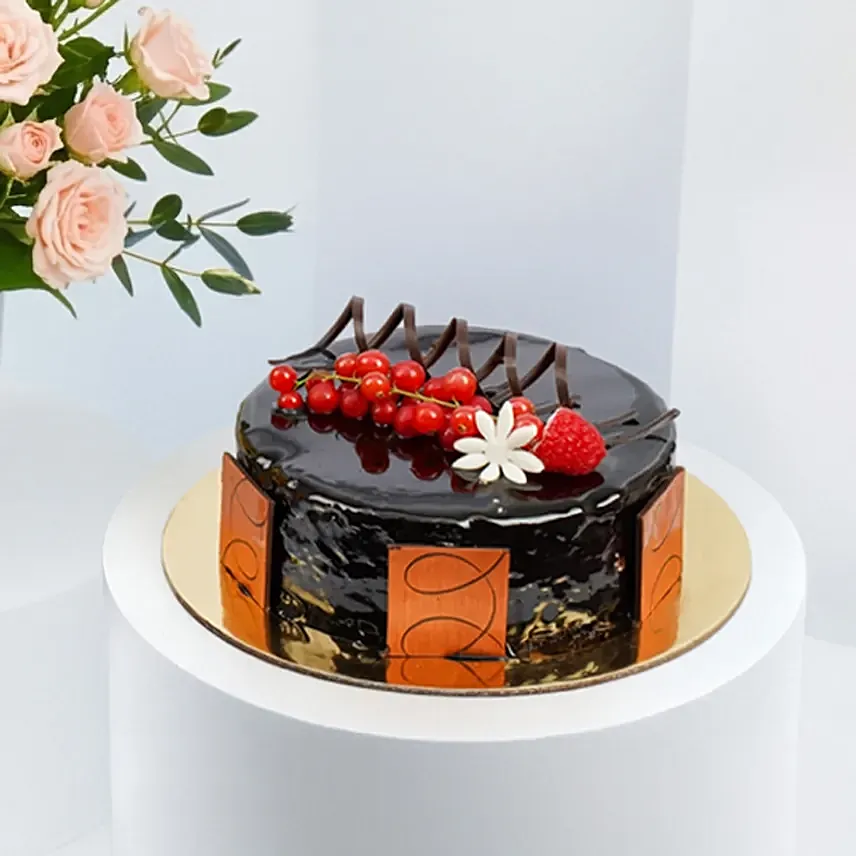 Eggless Chocolate Truffle Cake and Flowers Combo