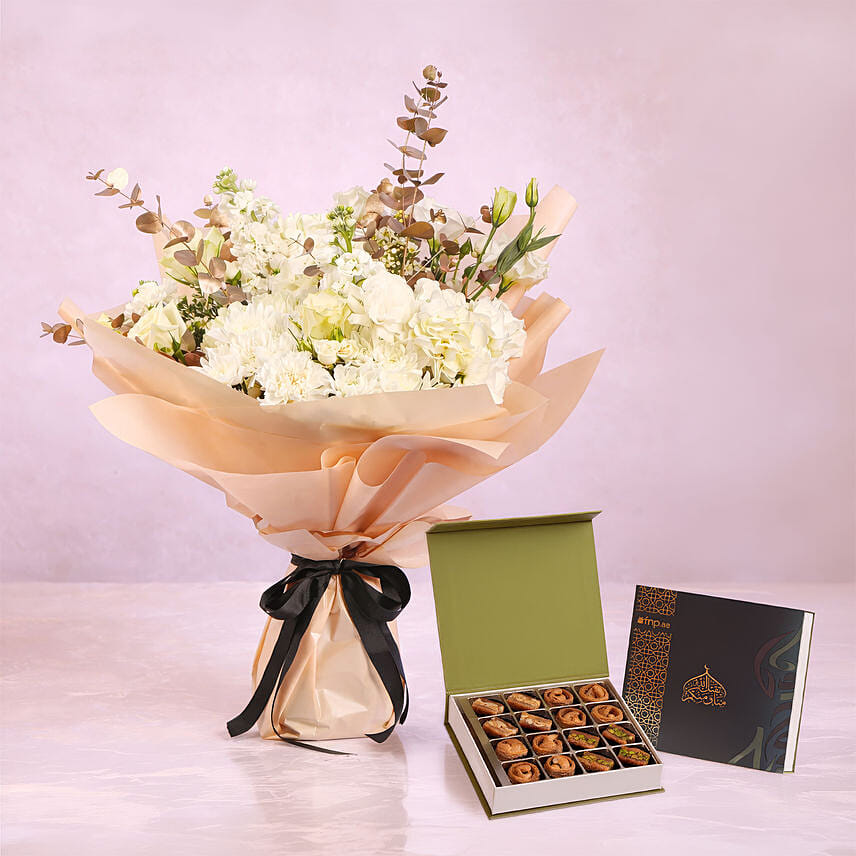Eid Floral Arrangement With Baklawa Box