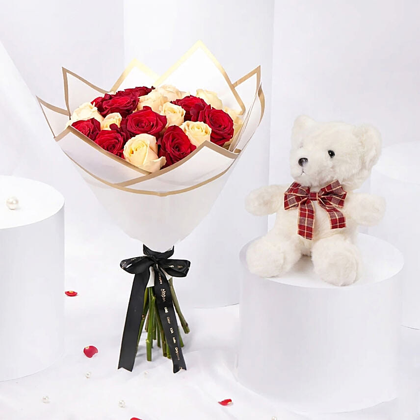 ElegantDuo Of Roses Bouquet With Teddy Bear
