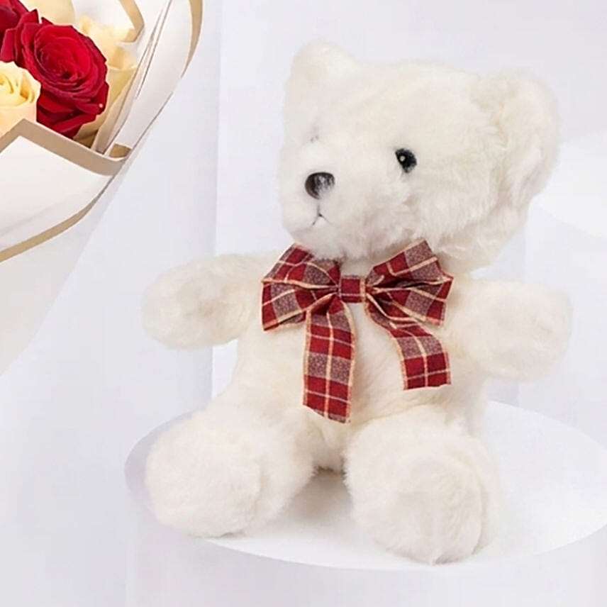 ElegantDuo Of Roses Bouquet With Teddy Bear
