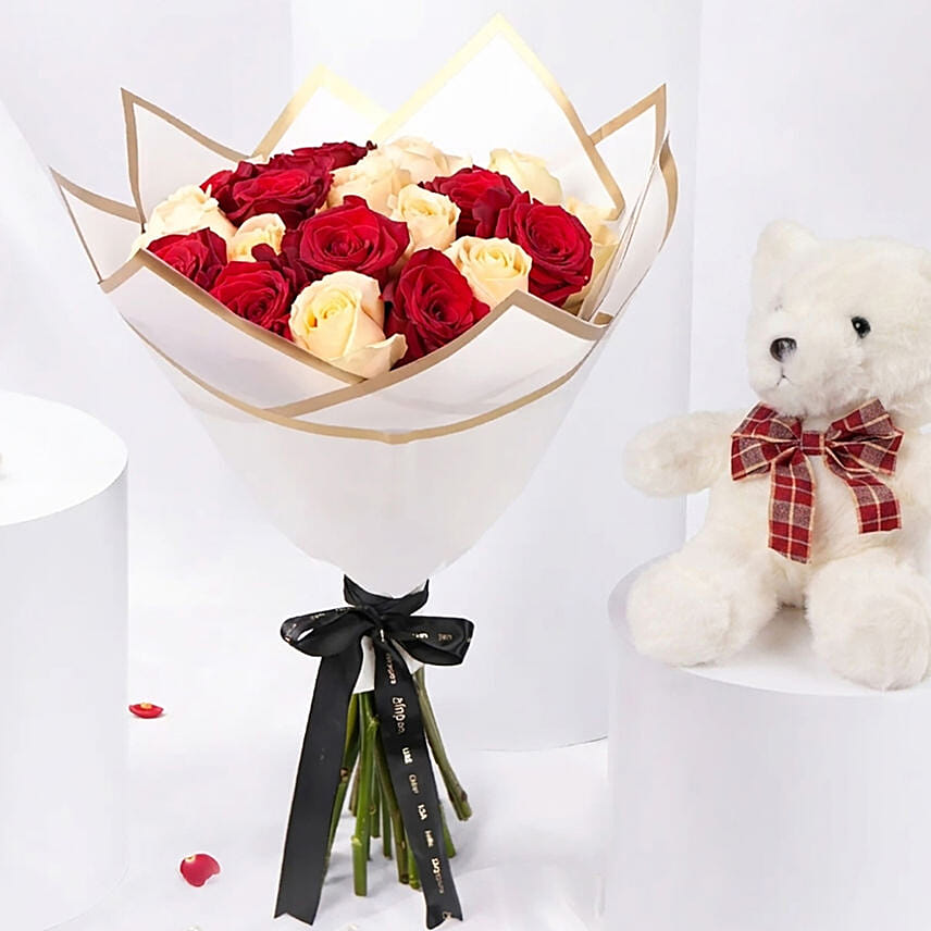 ElegantDuo Of Roses Bouquet With Teddy Bear