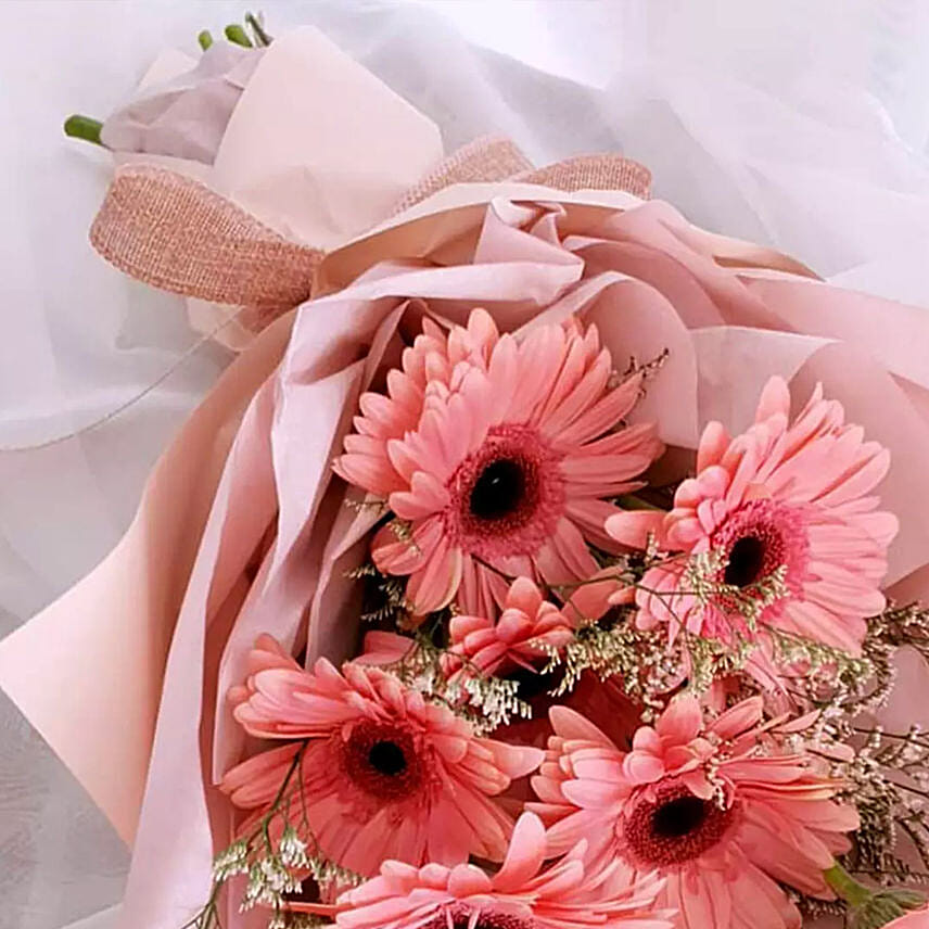 Elegant Pink Gerberas Beautifully Tied Bouquet Premium