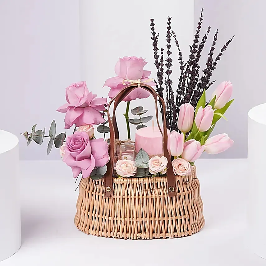 Elegant Pink Tulips And Purple Roses Basket Arrangement