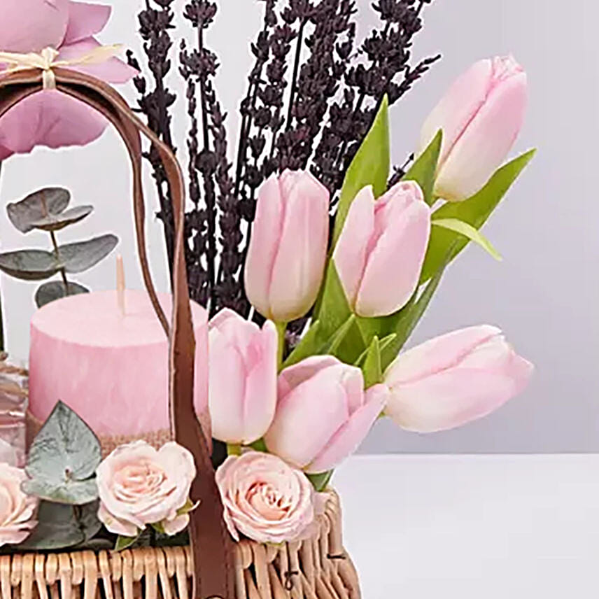 Elegant Pink Tulips And Purple Roses Basket Arrangement