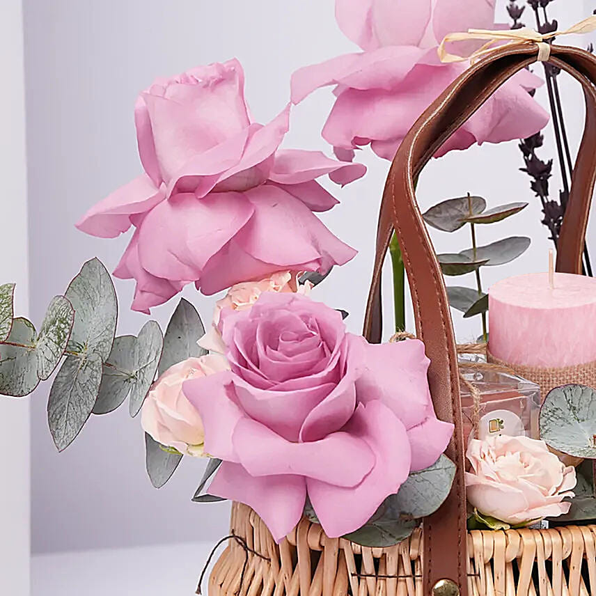 Elegant Pink Tulips And Purple Roses Basket Arrangement