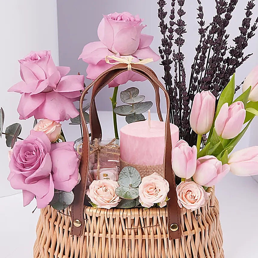 Elegant Pink Tulips And Purple Roses Basket Arrangement