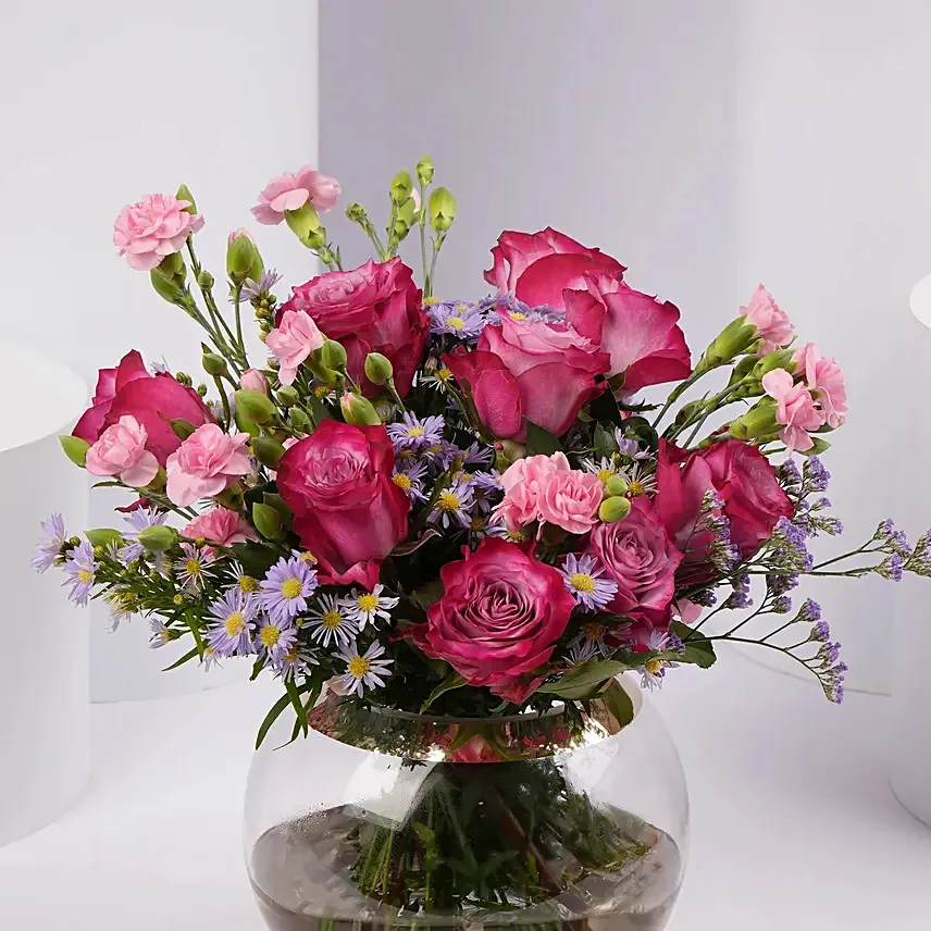 Elegant Rose and Carnation Bouquet in Glass Vase