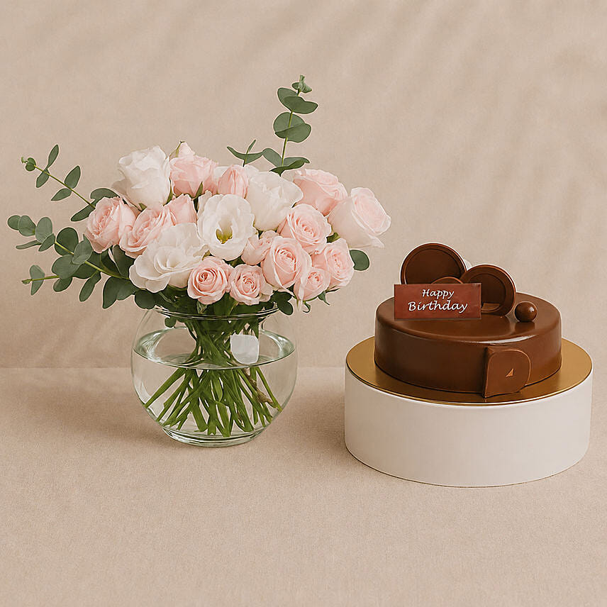 Elegant Rose And Lisianthus Bloom Bowl With Decadent Fudge Cake