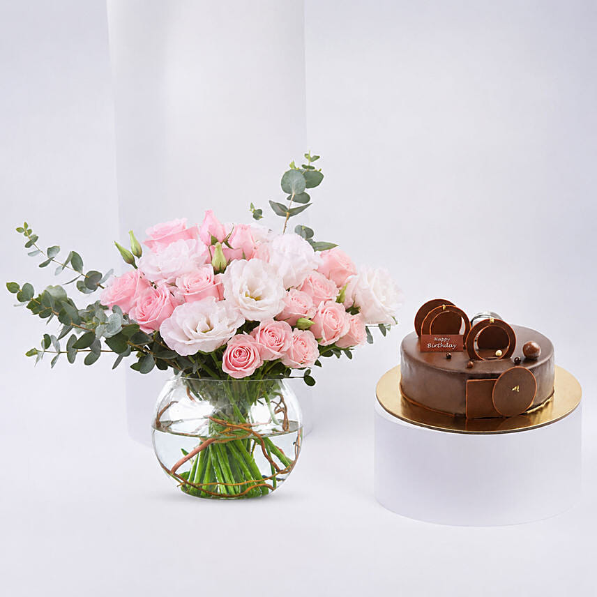 Elegant Rose And Lisianthus Bloom Bowl With Decadent Fudge Cake