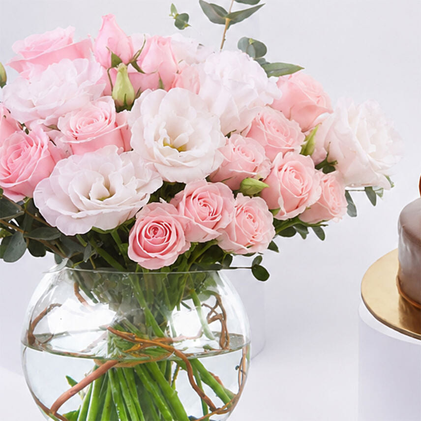 Elegant Rose And Lisianthus Bloom Bowl With Decadent Fudge Cake