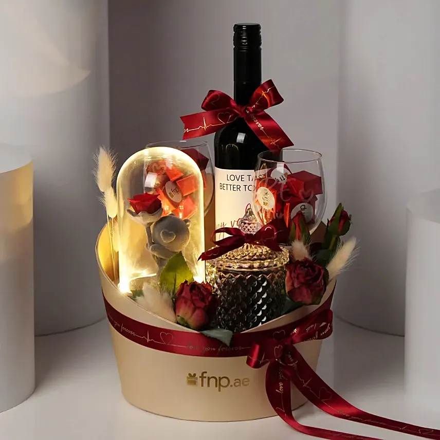 Elegant Wine And Red Roses Hamper