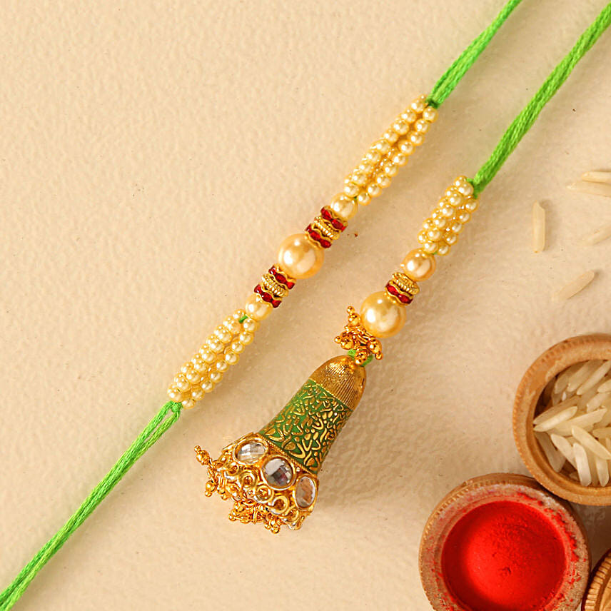 Ethnic Green Pearl And Lumba Rakhi Set With Healthy Almonds