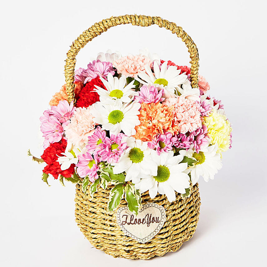 Exotic Mixed Flowers Cane Basket Arrangement