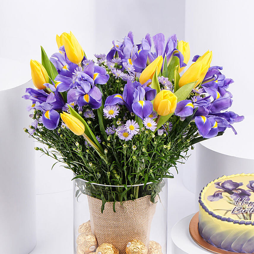 Feb Birthday Flower Iris & Tulips with Cake