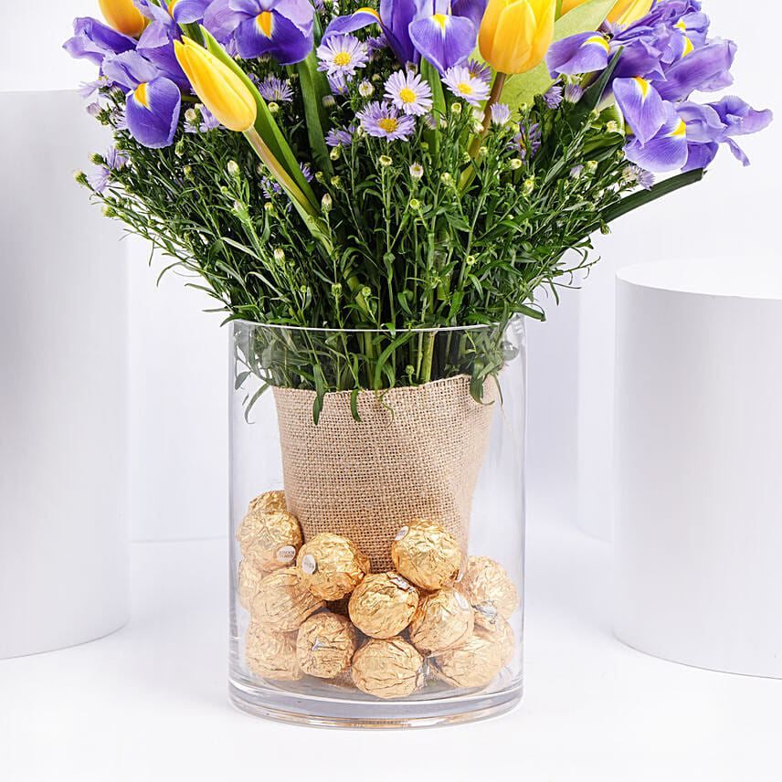 Feb Birthday Flower Iris & Tulips with Rocher