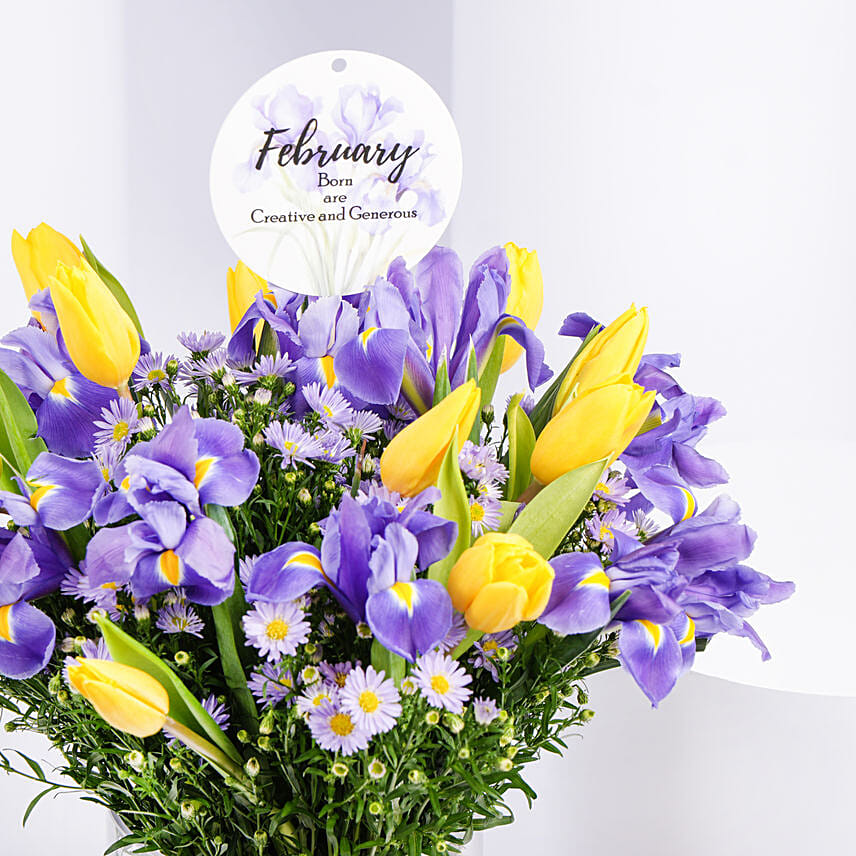Feb Birthday Flower Iris & Tulips with Rocher