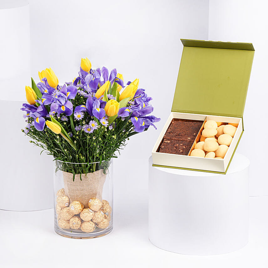 Feb Birthday Flower Iris & Tulips with Treats Box