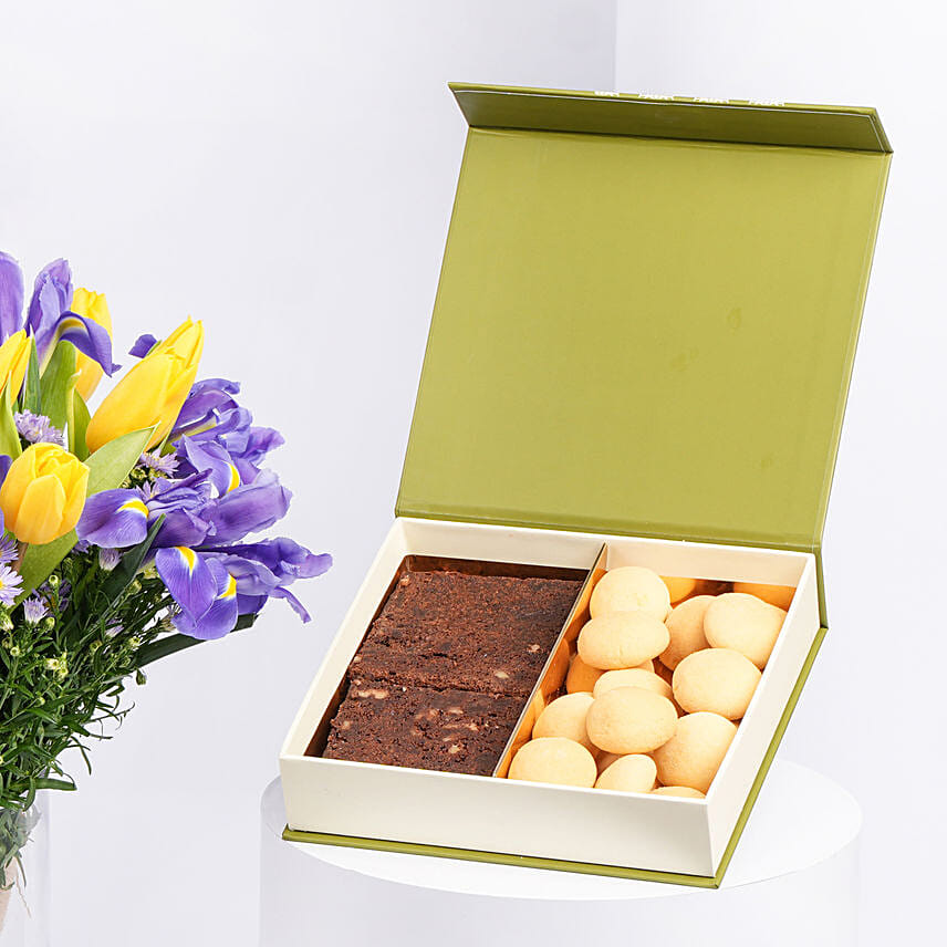 Feb Birthday Flower Iris & Tulips with Treats Box