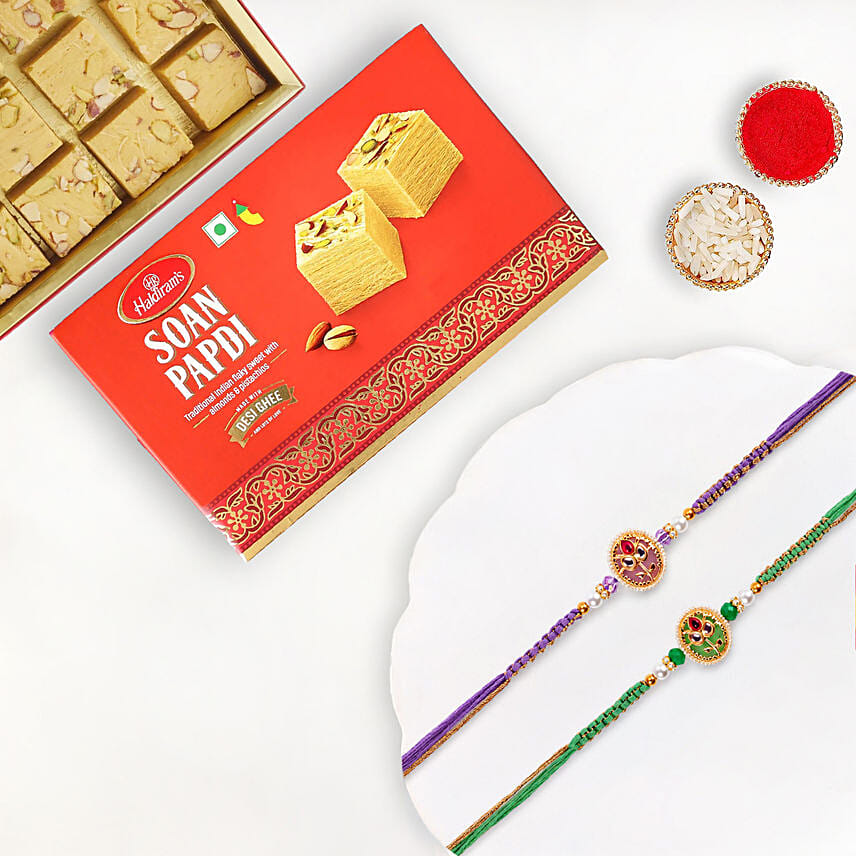 Floral Meenakari Rakhi Set Of 2 With Soan Papdi