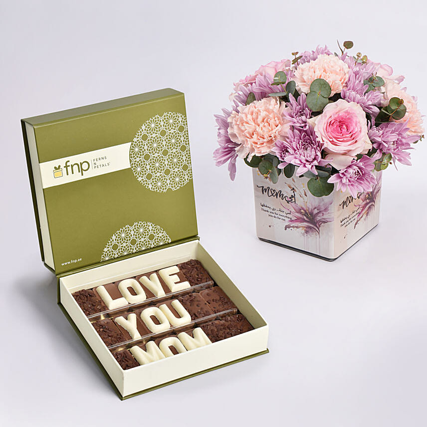 Flowers In Vase With Love You Mom Chocolates