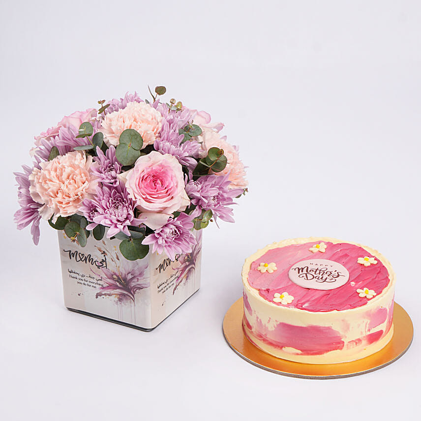 Flowers In Vase With Mothers Day Chocolate Cake