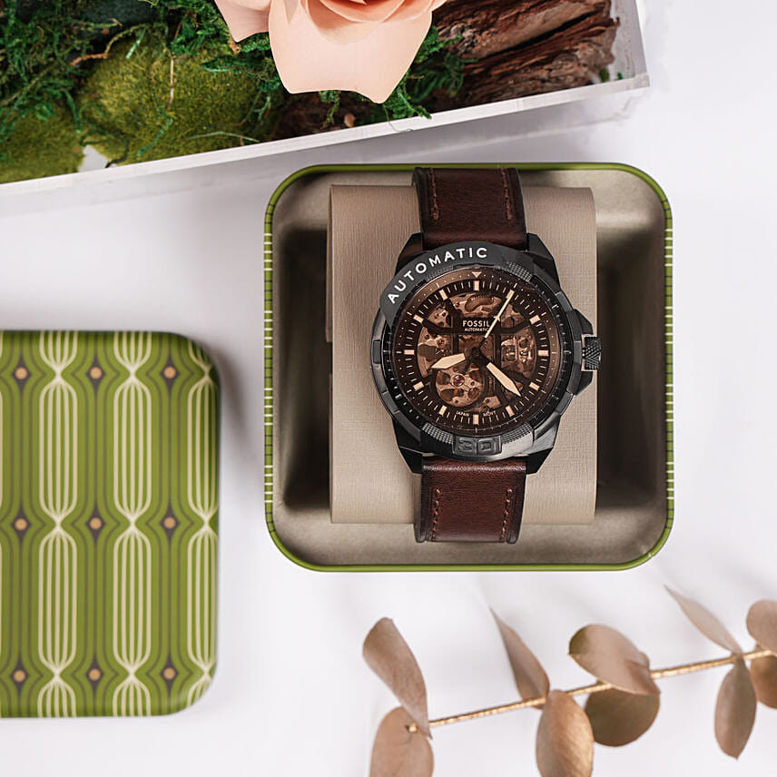 Fossil Bronso Automatic Leather Watch Gift Tray For Him