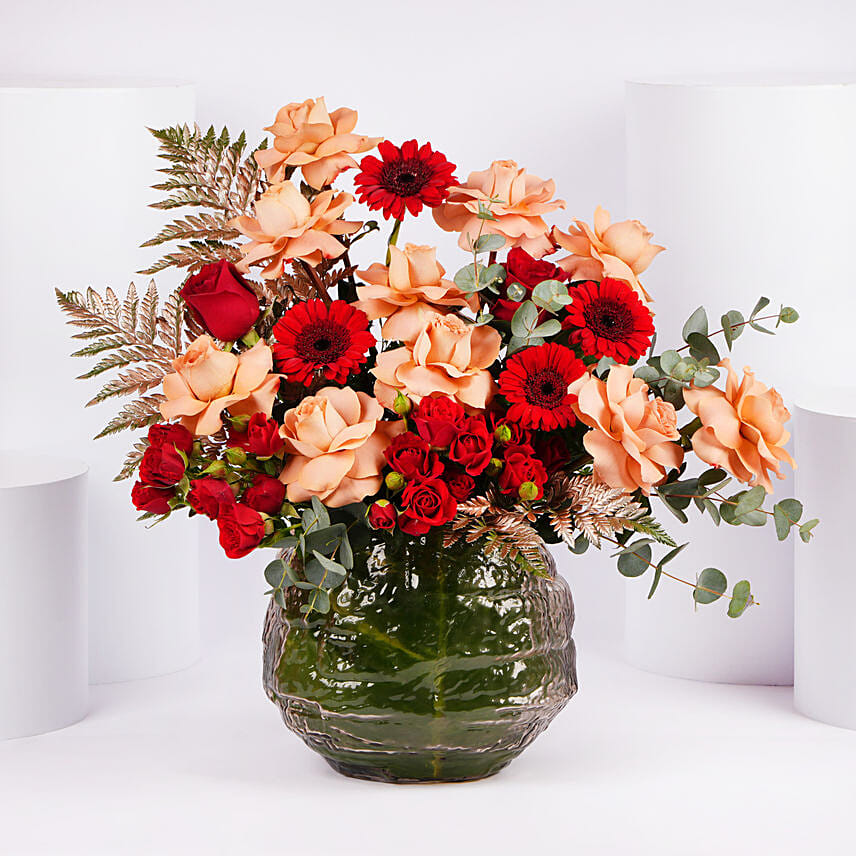 Gerberas And Roses Glass Vase Arrangement